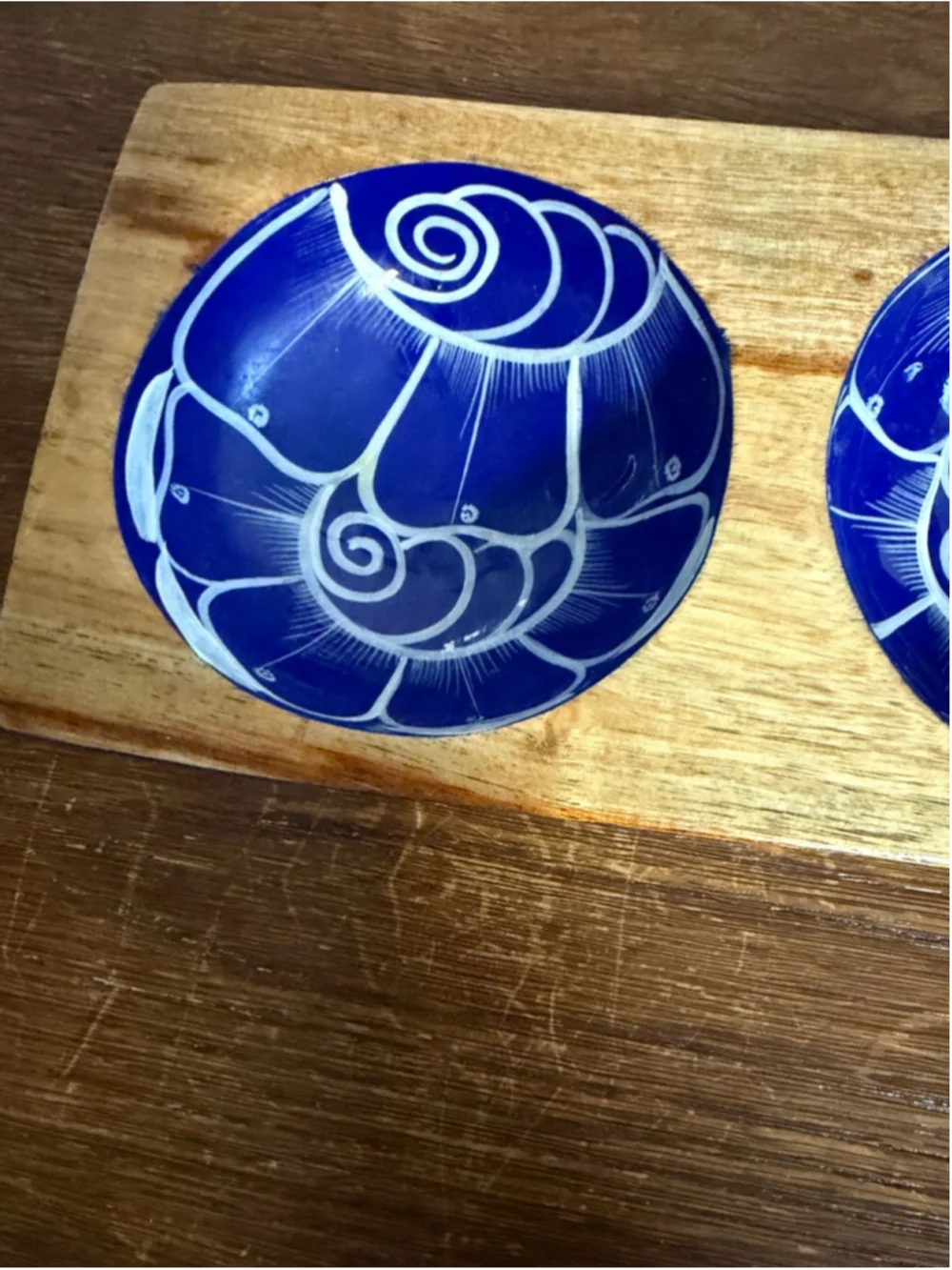Hand Painted Wooden Triple Tealight Candle Holder Blue White Folk Art Rustic Dec